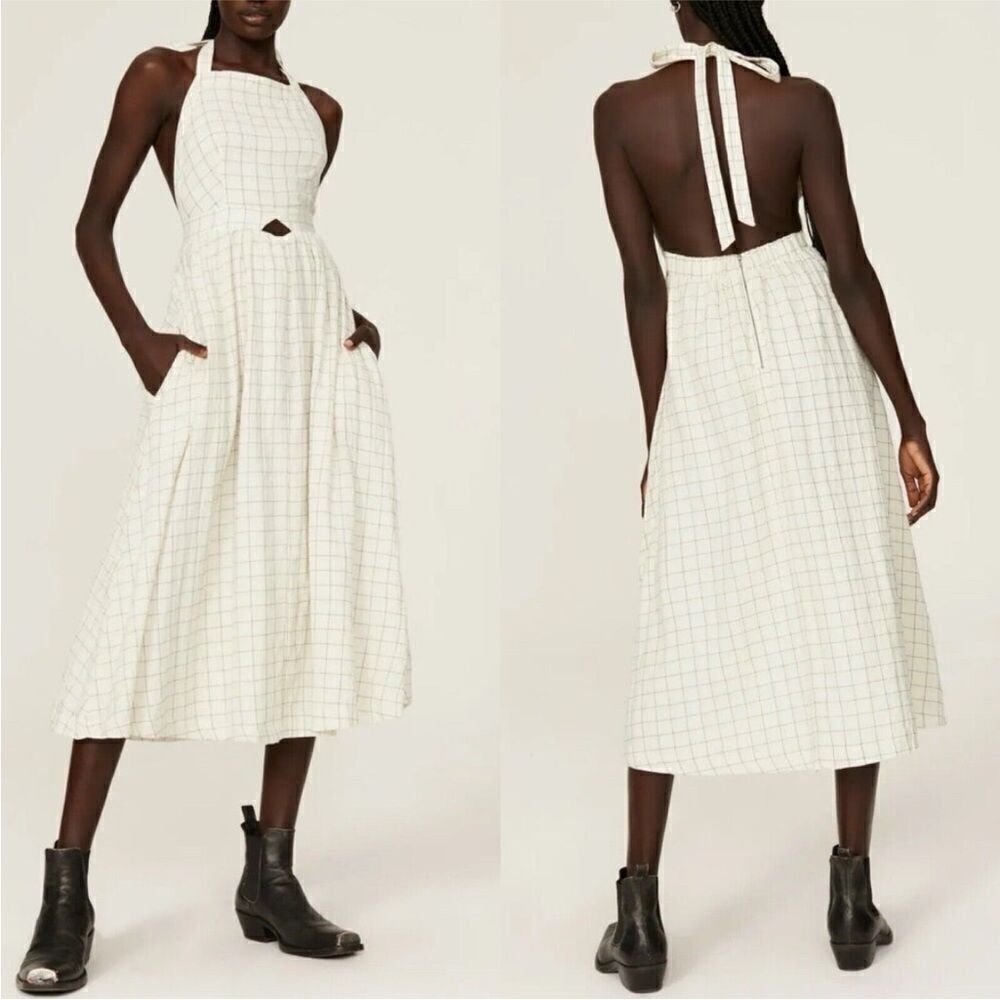 PAMELA LOVE Midi Dress Women Sz Small Cream Plaid Halter Pockets Open Back NEW